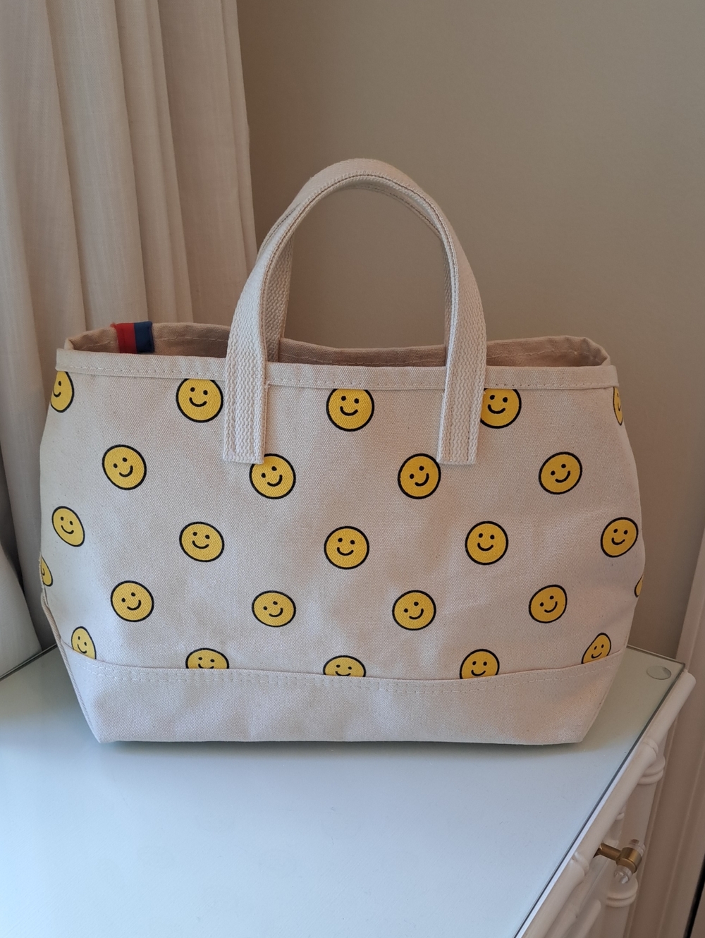 KULE Womens Allover Smiley Face Medium Canvas Handle Tote Bag 15"x11"x7"